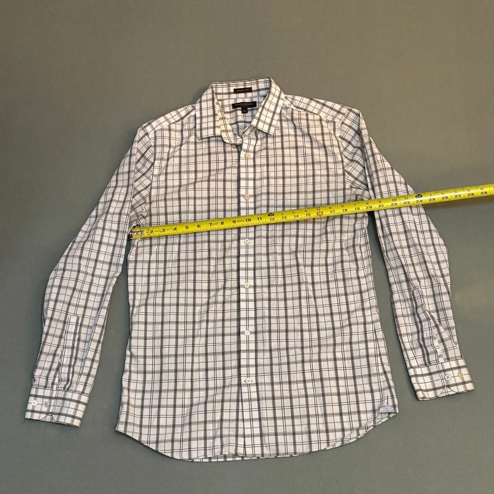 Banana Republic Mens Grant Fit Non-Iron Dress Shirt White Plaid Large 16-16.5